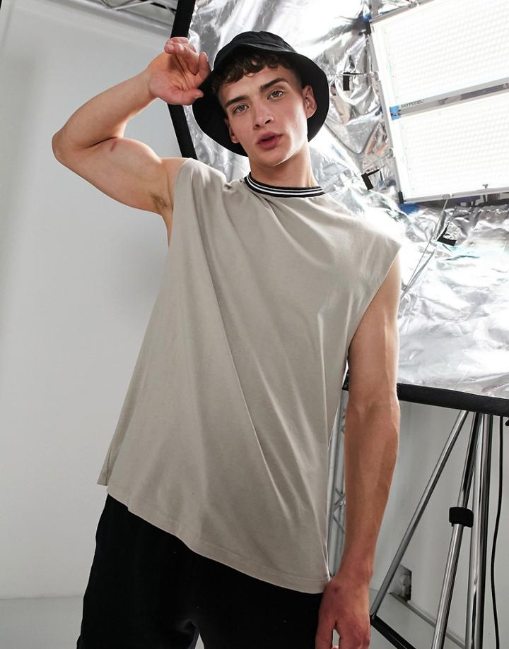 Asos Design Oversized Tank With Tipped Neck In Beige-neutral