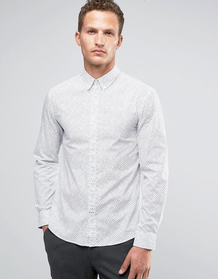Celio Long Sleeve Slim Fit Shirt With All Over Ditsy Print - White