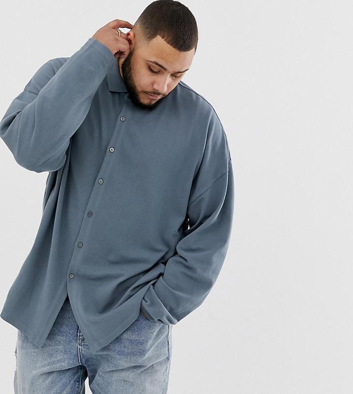 Asos Design Plus Oversized Pique Button Through Polo In Blue - Blue