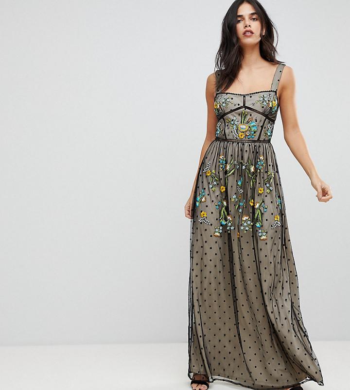 Frock And Frill Premium Folk Embroidered Structured Strap Maxi Dress - Black