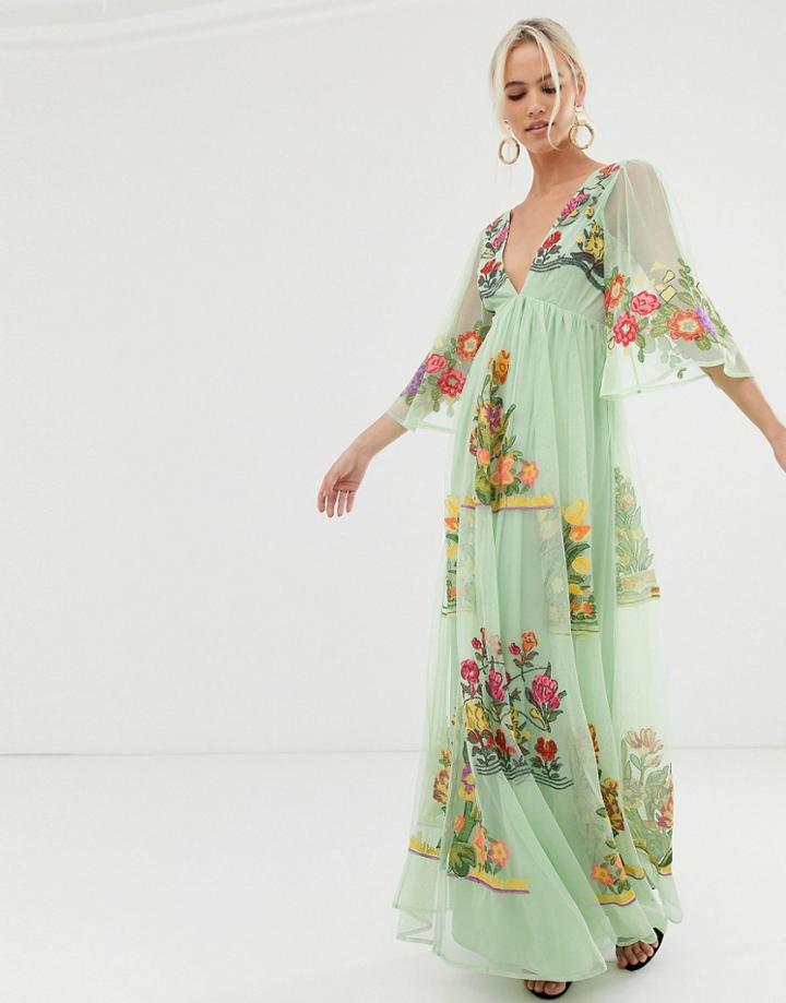 Asos Edition V Neck Flutter Sleeve Embroidered Maxi Dress - Multi