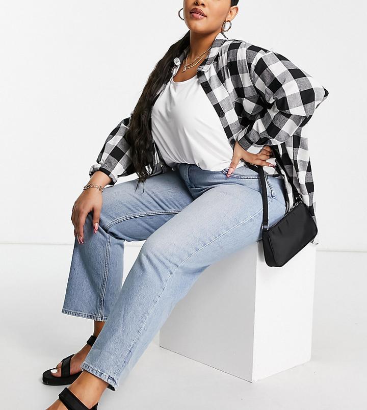 Asos Design Curve High Rise Stretch 'slim' Straight Leg Jeans In Lightwash-blues