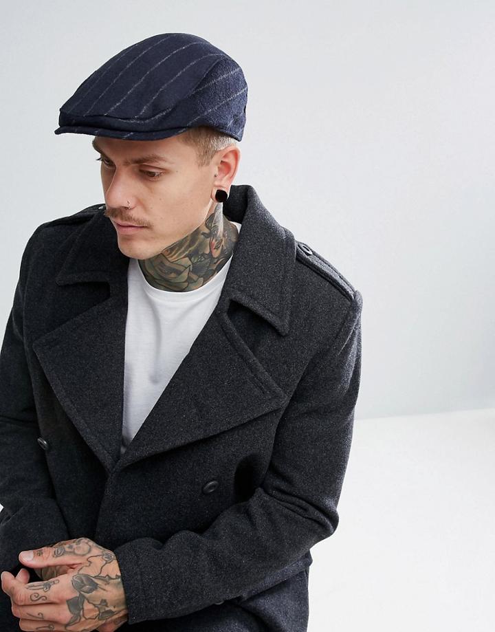 Asos Flat Cap In Navy Stripe - Blue