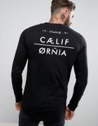Asos Longline Muscle Long Sleeve T-shirt With Back Print And Curve Hem - Black