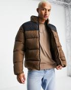 Asos Design Puffer Jacket With Contrast Panel In Brown