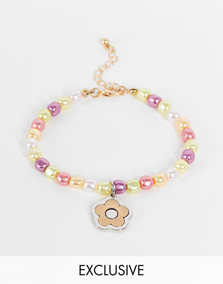 Reclaimed Vintage Inspired Bracelet With Brushed Metal Flower Pendant In Fun Faux Pearl Beading-multi