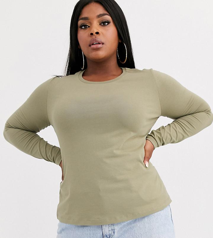 Asos Design Curve Organic Cotton Crew Neck Long Sleeve T-shirt In Khaki-green