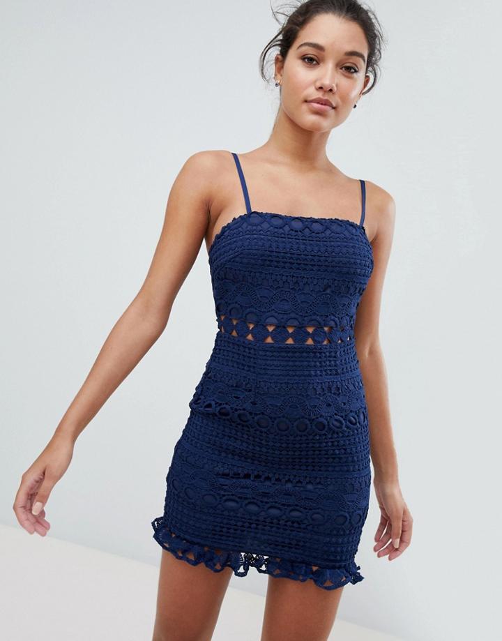 Love Triangle Square Neck Detail Mini Dress In All Over Crochet - Navy