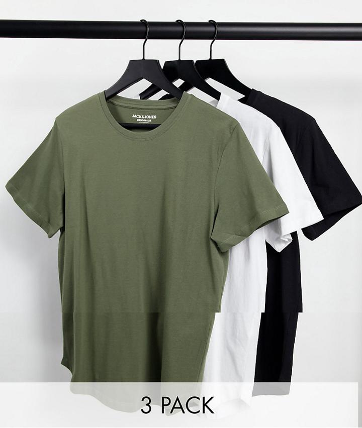 Jack & Jones Originals 3 Pack Longline Curved Hem T-shirt In Multi
