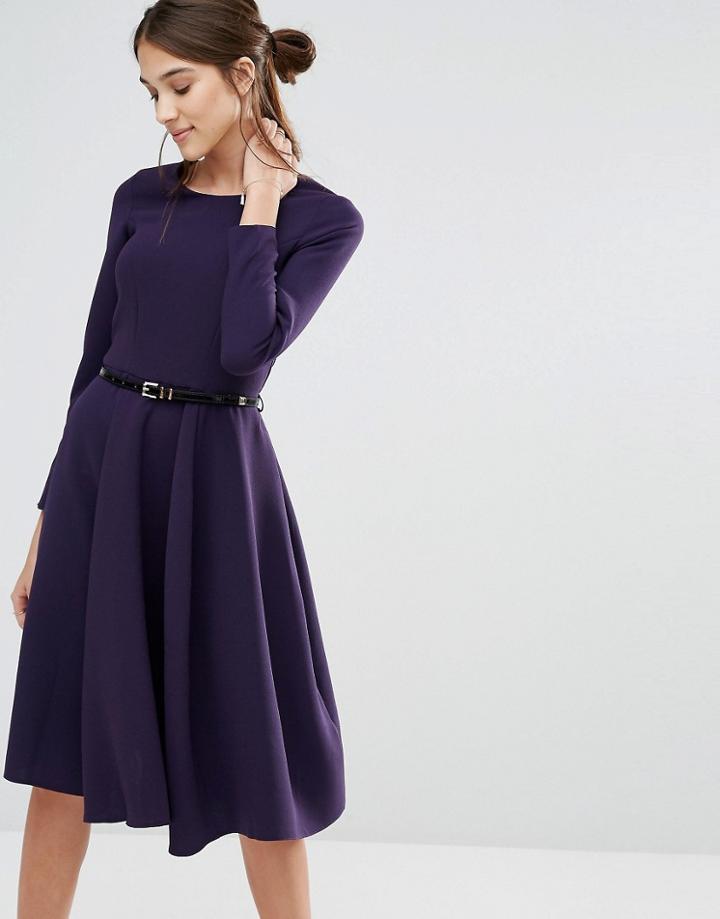 Closet Long Sleeve Belted Midi Dress - Purple