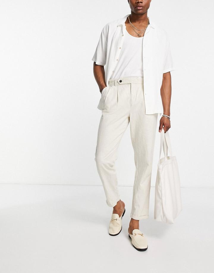 New Look Tapered Smart Linen Pants With Pleat In Cream-white