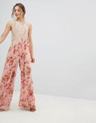 Asos Jumpsuit In Soft Floral With Lace Bodice Detail - Pink
