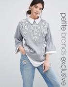 Starry Eyed Petite Woven Shirt With Embellished Sweater Overlay - Gray