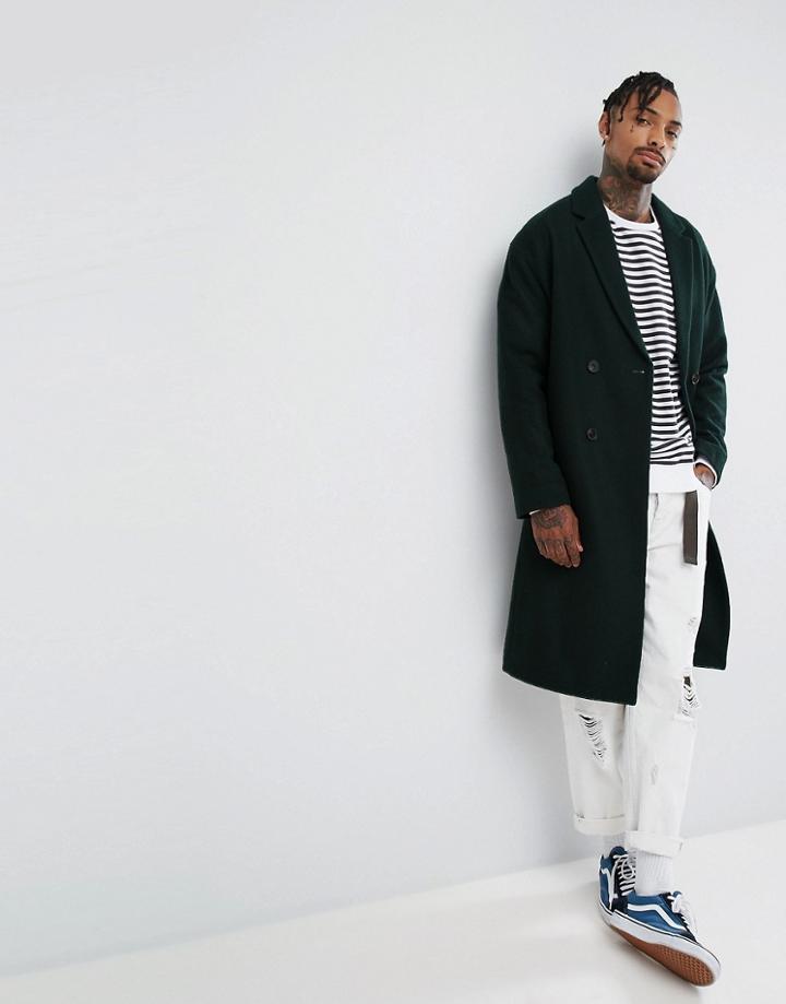Asos Drop Shoulder Wool Mix Overcoat In Bottle Green - Green