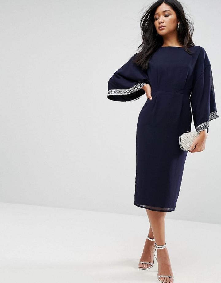Asos Kimono Trim Embellished Midi Dress - Navy