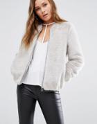 New Look Faux Fur Bomber Jacket - Gray