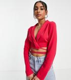 Missguided Petite Cropped Tie Blazer In Hot Pink