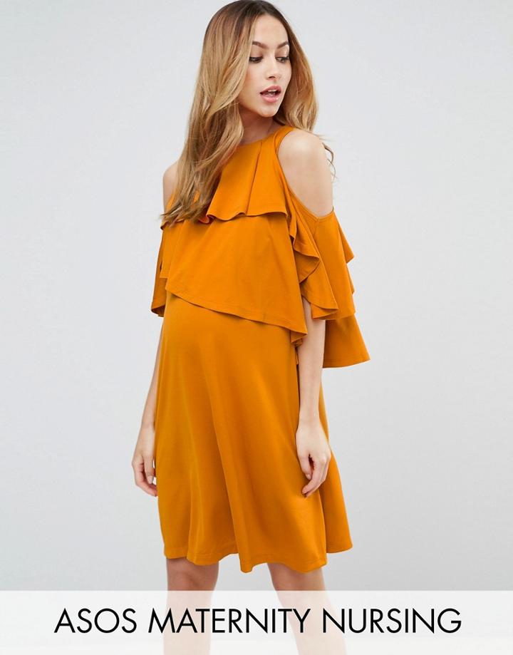 Asos Maternity Nursing Ruffle Cold Shoulder Dress - Tan