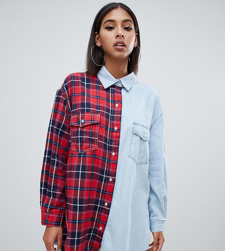 Missguided Oversized Check And Denim Shirt In Multi - Multi