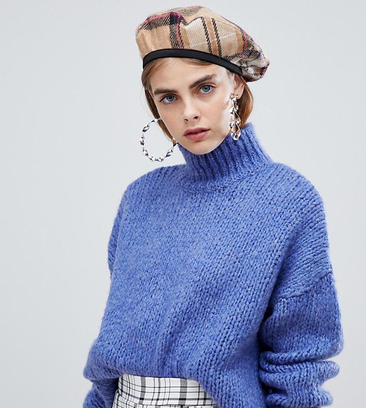 Bershka High Neck Oversized Knitted Sweater In Blue - Blue