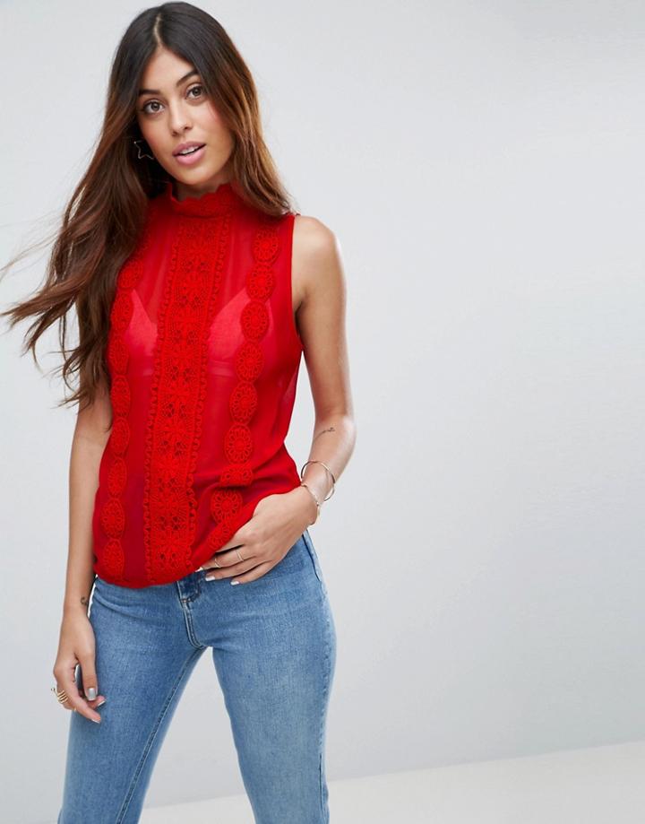 Asos High Neck Sleeveless Blouse With Lace Trims - Red