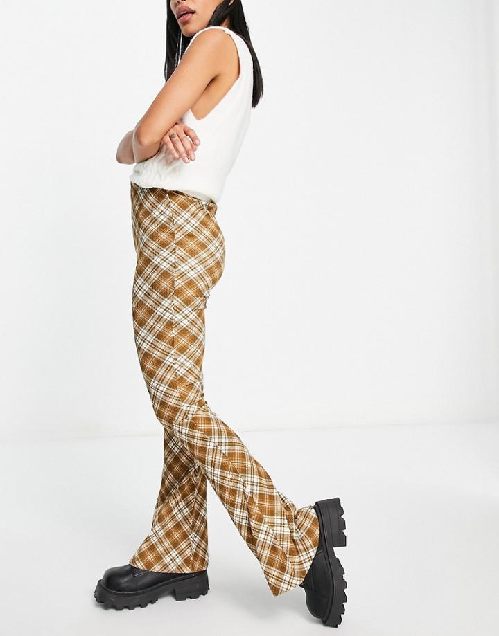 Topshop Crinkle Flared Pant In Brown Check Print-multi