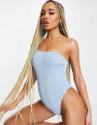 Free Society One Shoulder Scrunch Swimsuit In Baby Blue