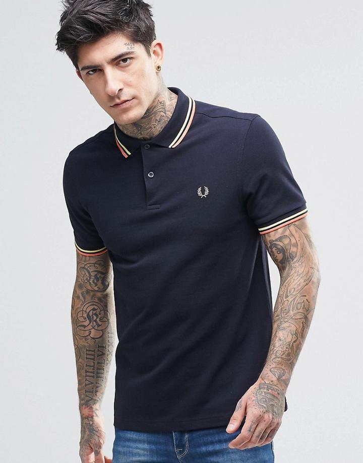 Fred Perry Polo Shirt With Twin Tip Slim Fit In Navy - Navy