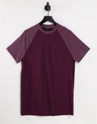Asos Design Raglan T Shirt In Burgundy With Burgundy Heather Contrast Sleeves-red
