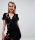 Asos Design Petite Embroidered Wrap Dress - Black