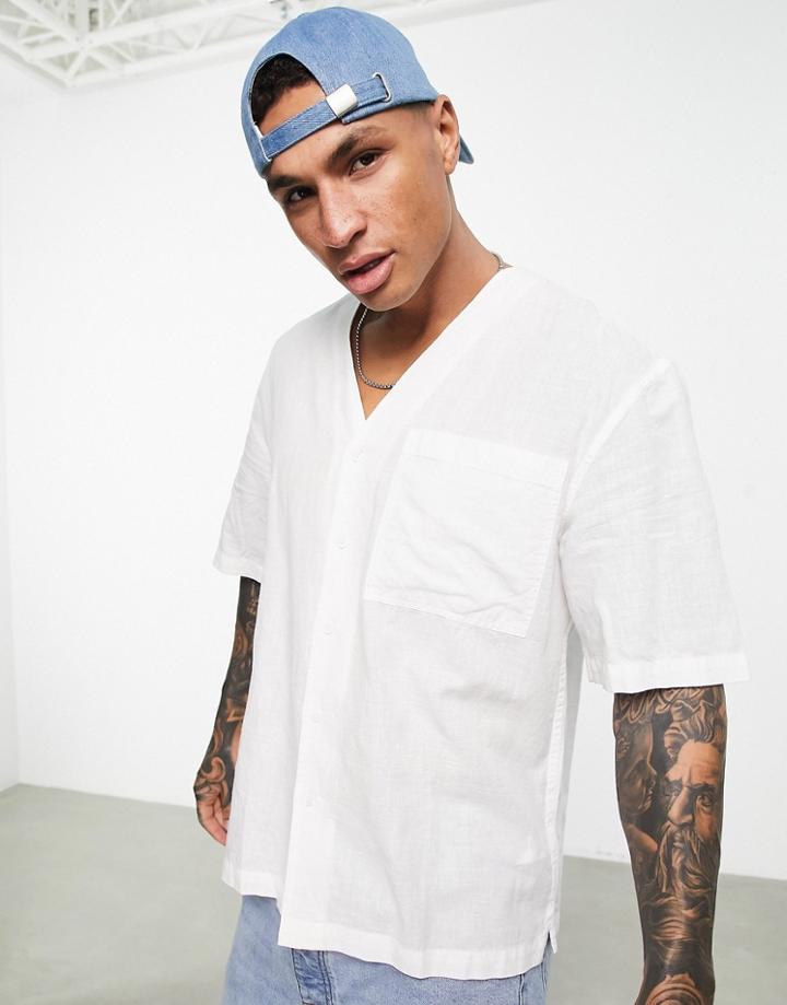 Topman Linen Collarless Shirt In White
