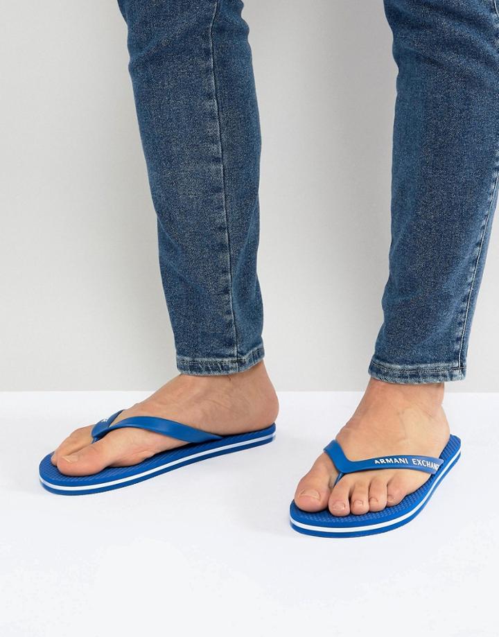 Armani Exchange Logo Flip Flops In Blue - Blue