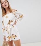 Miss Selfridge Petite Off The Shoulder Romper With Tie Waist In Floral Print - Multi