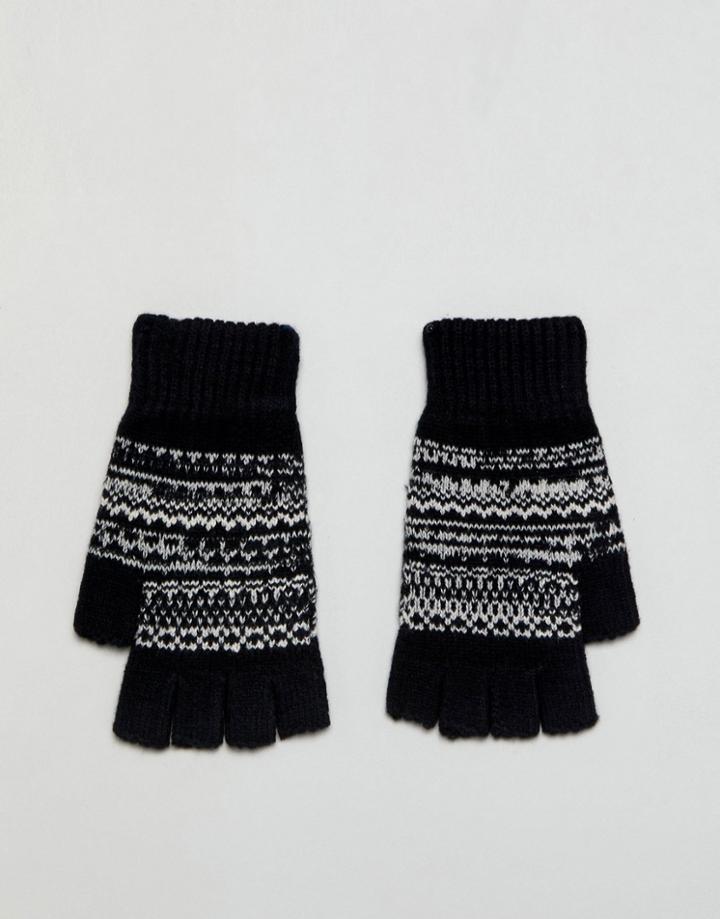 Asos Fingerless Gloves In Black With Fairisle Design - Black