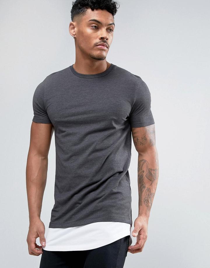 Asos Super Longline Muscle T-shirt With Contrast Hem Extender - Gray