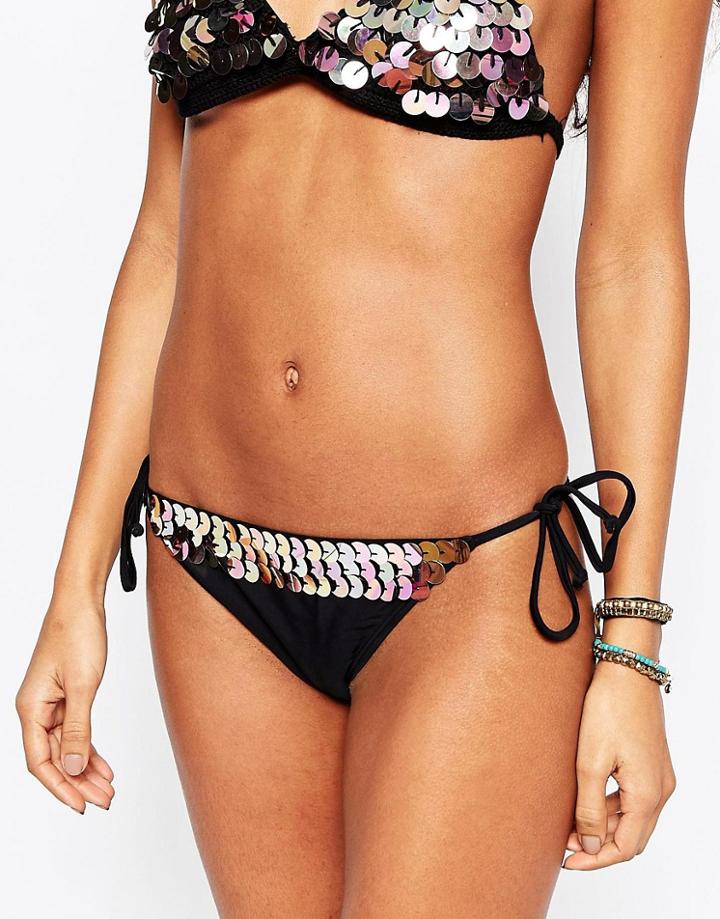 South Beach Pearly Sequin Crochet Bikini Bottom - Black Pealy Sequins