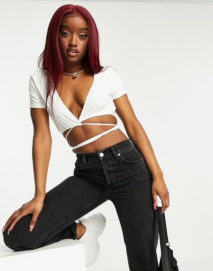 Asos Design Plunge Short Sleeve Tie Wrap Top In White