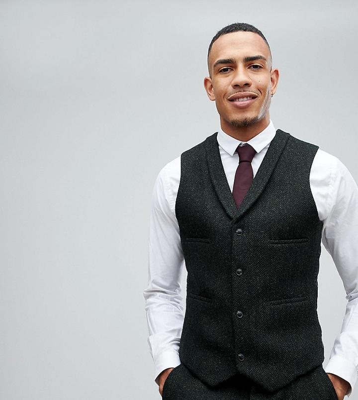 Asos Tall Slim Vest In Harris Tweed 100% Wool Herringbone - Green