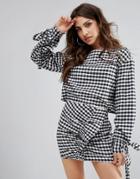 Prettylittlething Gingham Long Sleeve Open Back Dress - Black