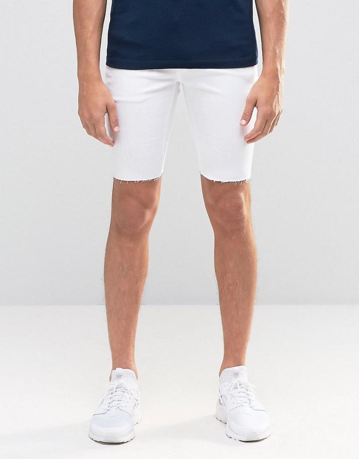 Kubban Stretch Spray On Denim Shorts In Raw Hem - White