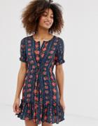 Gilli Printed Mini Skater Dress With Tie Waist Detail And Ruffled Hem - Multi