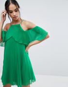 Asos Double Layer Cold Shoulder Pleated Mini Dress - Green