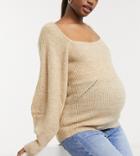 Asos Design Maternity Sweater With Square Neck And Volume Sleeves In Oatmeal-neutral