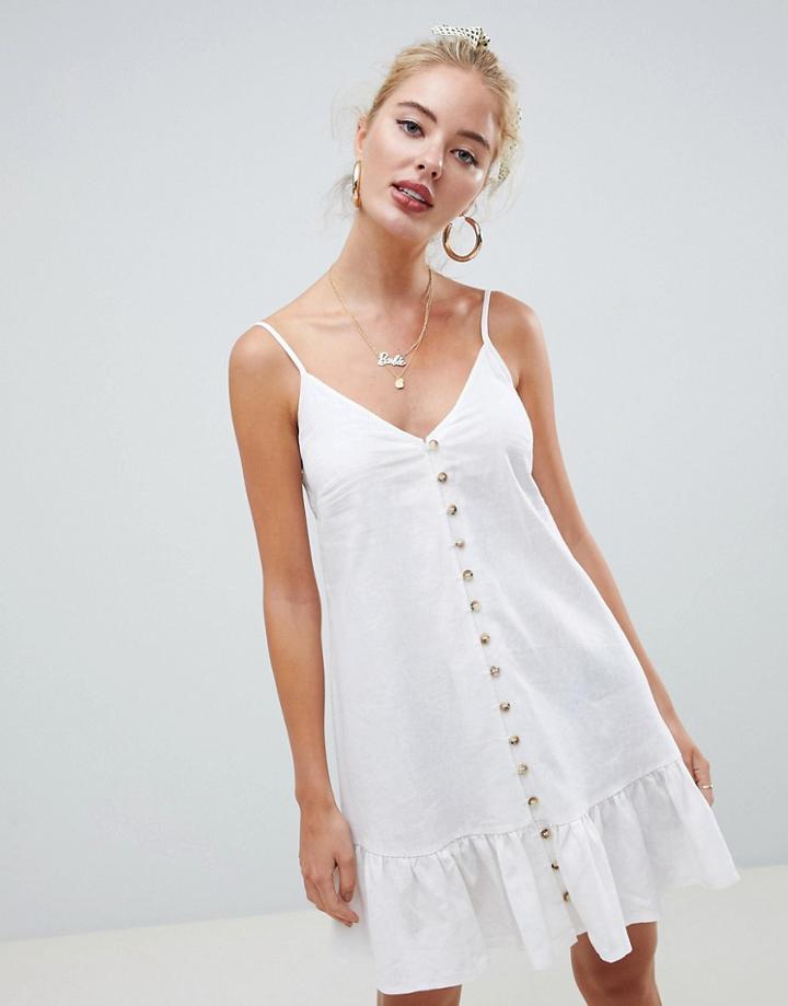 Asos Design Linen Button Through Mini Sundress With Ruffle Hem - White