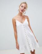 Asos Design Linen Button Through Mini Sundress With Ruffle Hem - White