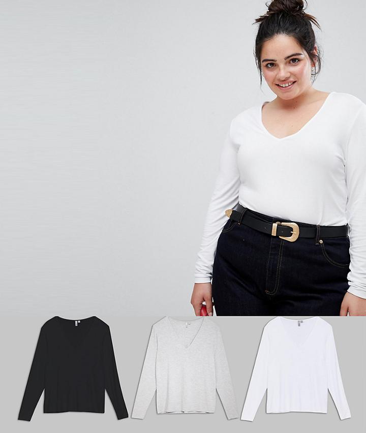 Asos Design Curve Ultimate Top With Long Sleeve And V-neck 3 Pack - Multi