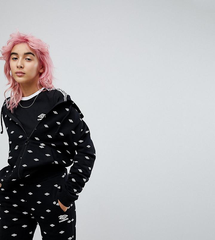 Umbro Zip Front Hoodie In All Over Logo - Black