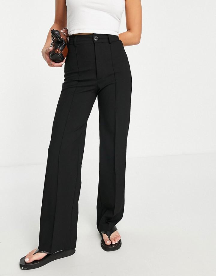 Pull & Bear Petite High Waist Tailored Straight Leg Pants With Front Seam In Black