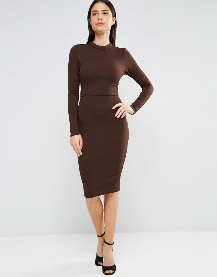 Ax Paris Long Sleeve Textured Bodycon Midi Dress - Brown
