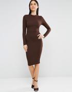 Ax Paris Long Sleeve Textured Bodycon Midi Dress - Brown